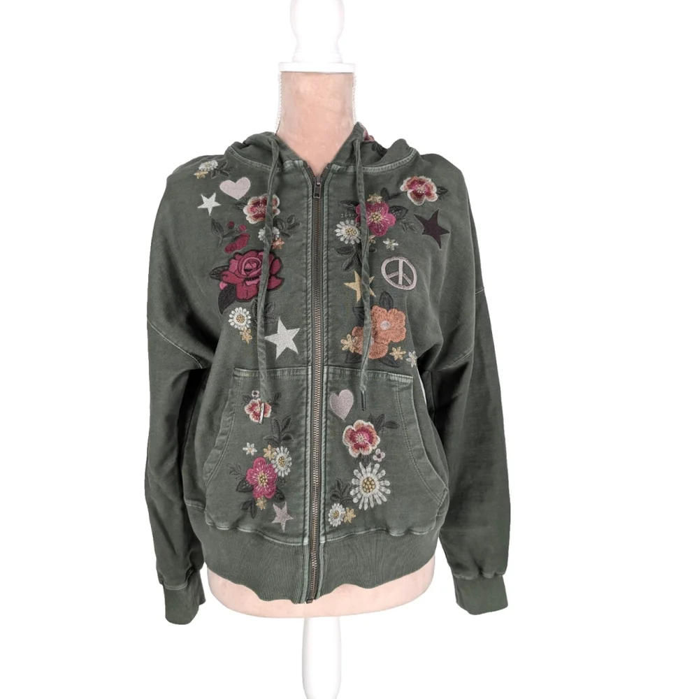 Billy T Camp Happy Green Floral Embroidered Hoodie Camp Green Sz M Hippie - Picture 2 of 12